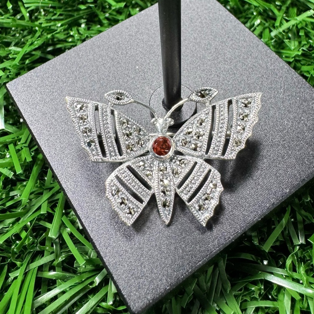 Elegant 925 Silver Butterfly Brooch with Red Gemstone